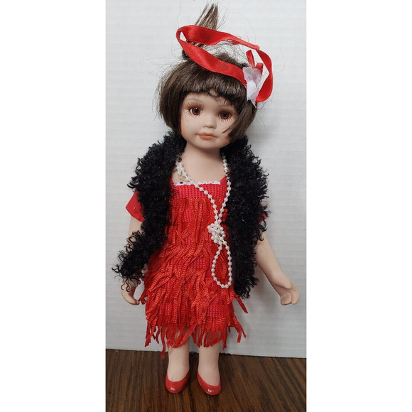 Dark Haired Girl in Red Flapper Dress and Pearls 12 Inch Porcelain Doll - Picture 1 of 7